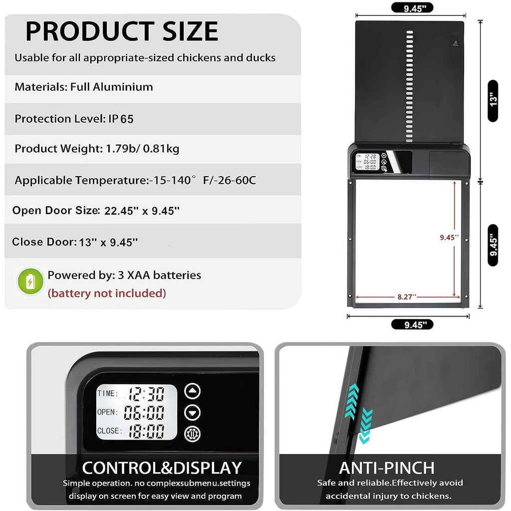 FarmParadise Automatic Chicken Coop Door – Battery Powered, LCD Display, Weatherproof & Safe, 2 Modes (Timer & Manual)