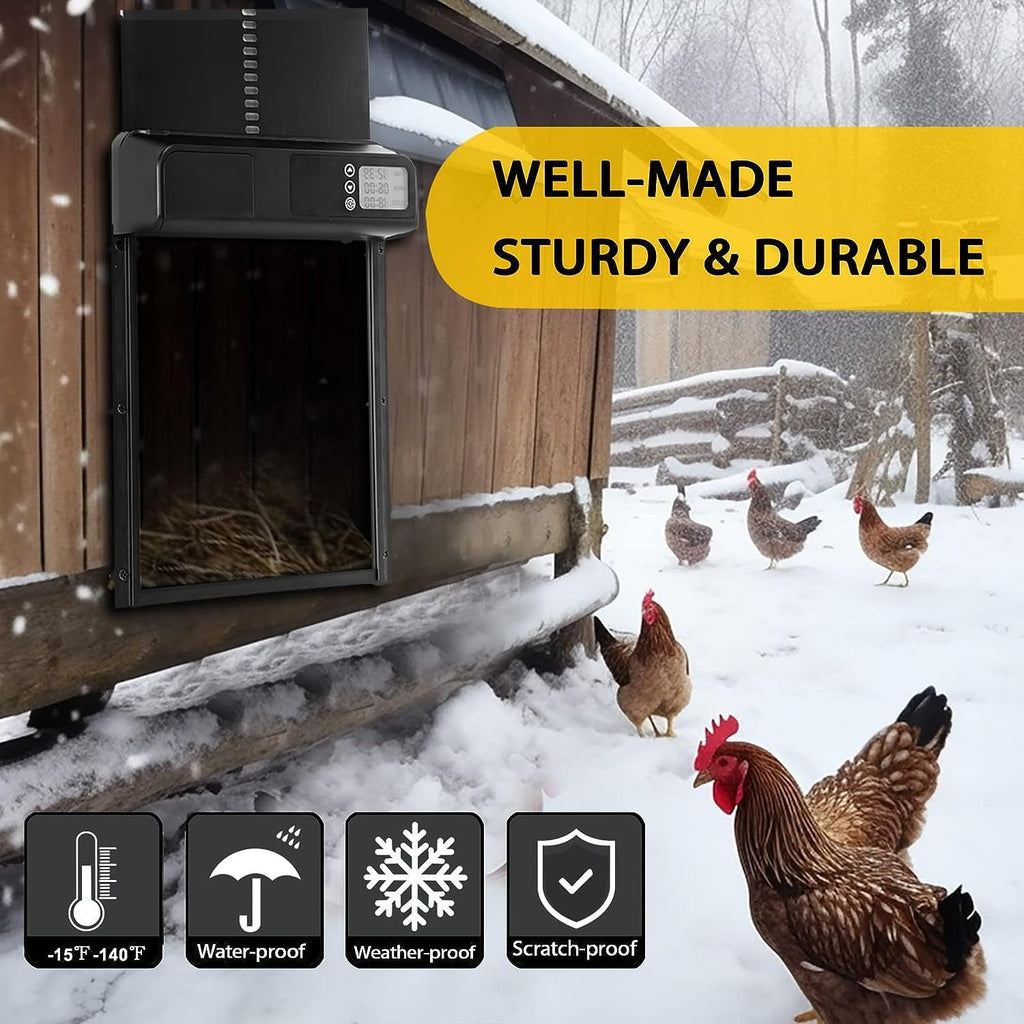 FarmParadise Automatic Chicken Coop Door – Battery Powered, LCD Display, Weatherproof & Safe, 2 Modes (Timer & Manual)
