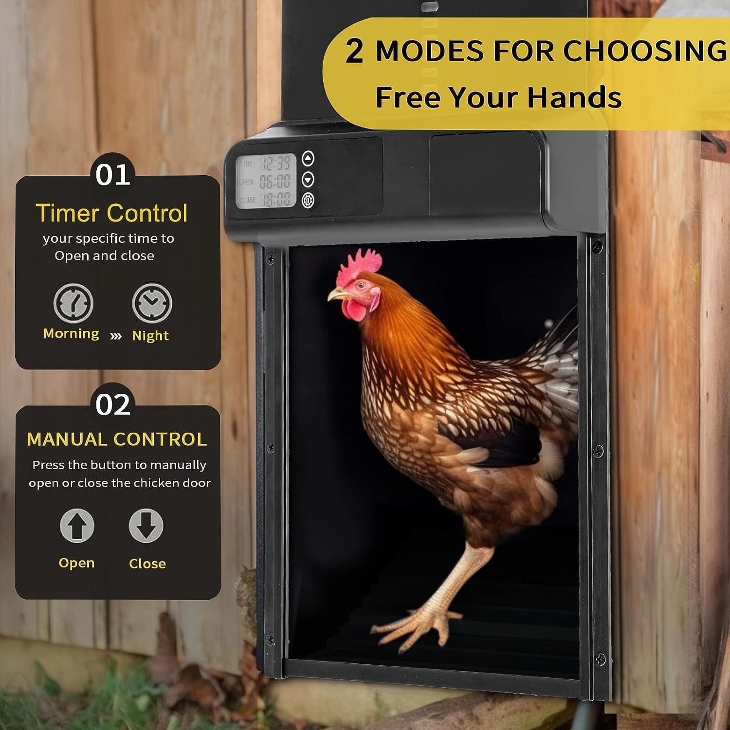 FarmParadise Automatic Chicken Coop Door – Battery Powered, LCD Display, Weatherproof & Safe, 2 Modes (Timer & Manual)